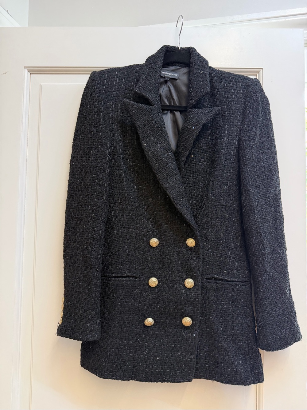 Generation Love Black Tweed Double-Breasted Blazer with Gold Buttons